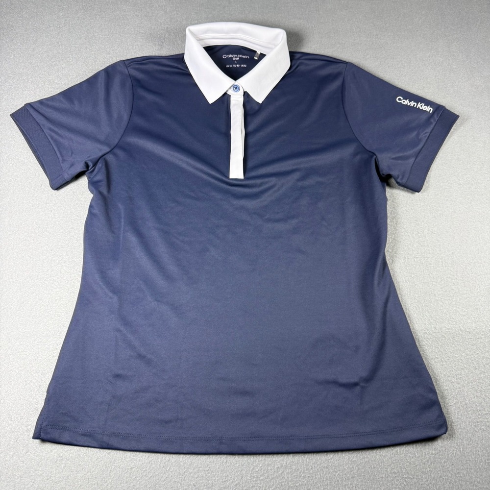 Calvin Klein Golf Women Large Polo Shirt Navy Blue White Collar Back Logo Tape